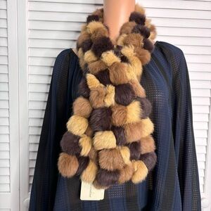 New LA FIORENTINA Genuine Brown Rabbit Pom Pom Scarf